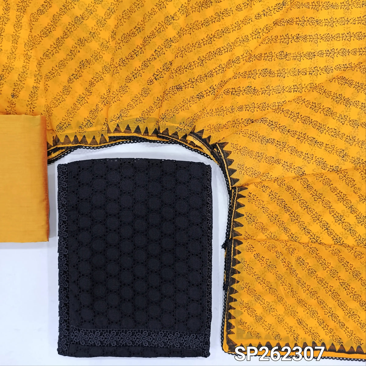 Black schiffli embroidered pure cotton unstitched salwar material, lace detail on yoke (Thi, Lining Needed)yellow silk cotton bottom block printed chiffon dupatta. SP262307