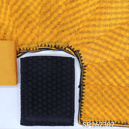 Black schiffli embroidered pure cotton unstitched salwar material, lace detail on yoke (Thi, Lining Needed)yellow silk cotton bottom block printed chiffon dupatta. SP262307