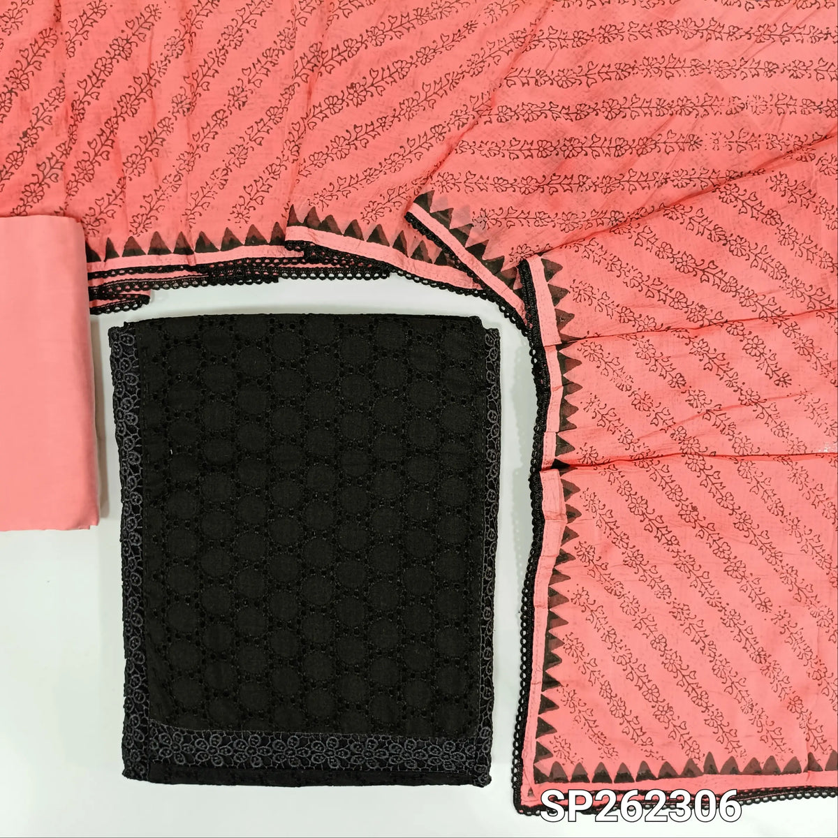Black schiffli embroidered pure cotton unstitched salwar material, lace detail on yoke (Thi, Lining Needed)pink silk cotton bottom block printed chiffon dupatta. SP262306