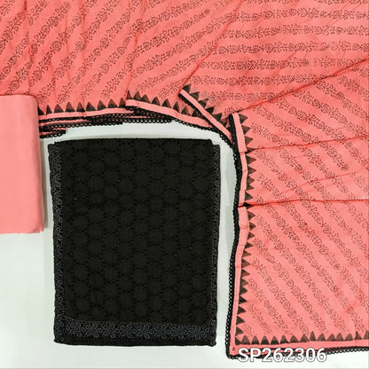 Black schiffli embroidered pure cotton unstitched salwar material, lace detail on yoke (Thi, Lining Needed)pink silk cotton bottom block printed chiffon dupatta. SP262306