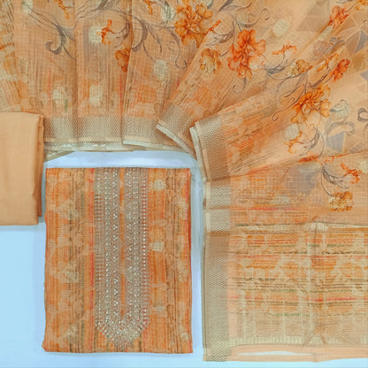 Pastel peach designer floral printed premium kota fabric unstitched salwar material, zari &sequins work on yoke, zari woven buttas all over(lining needed)matchings silk cotton bottom, floral printed kota dupatta with zari woven borders. CODE AG240803