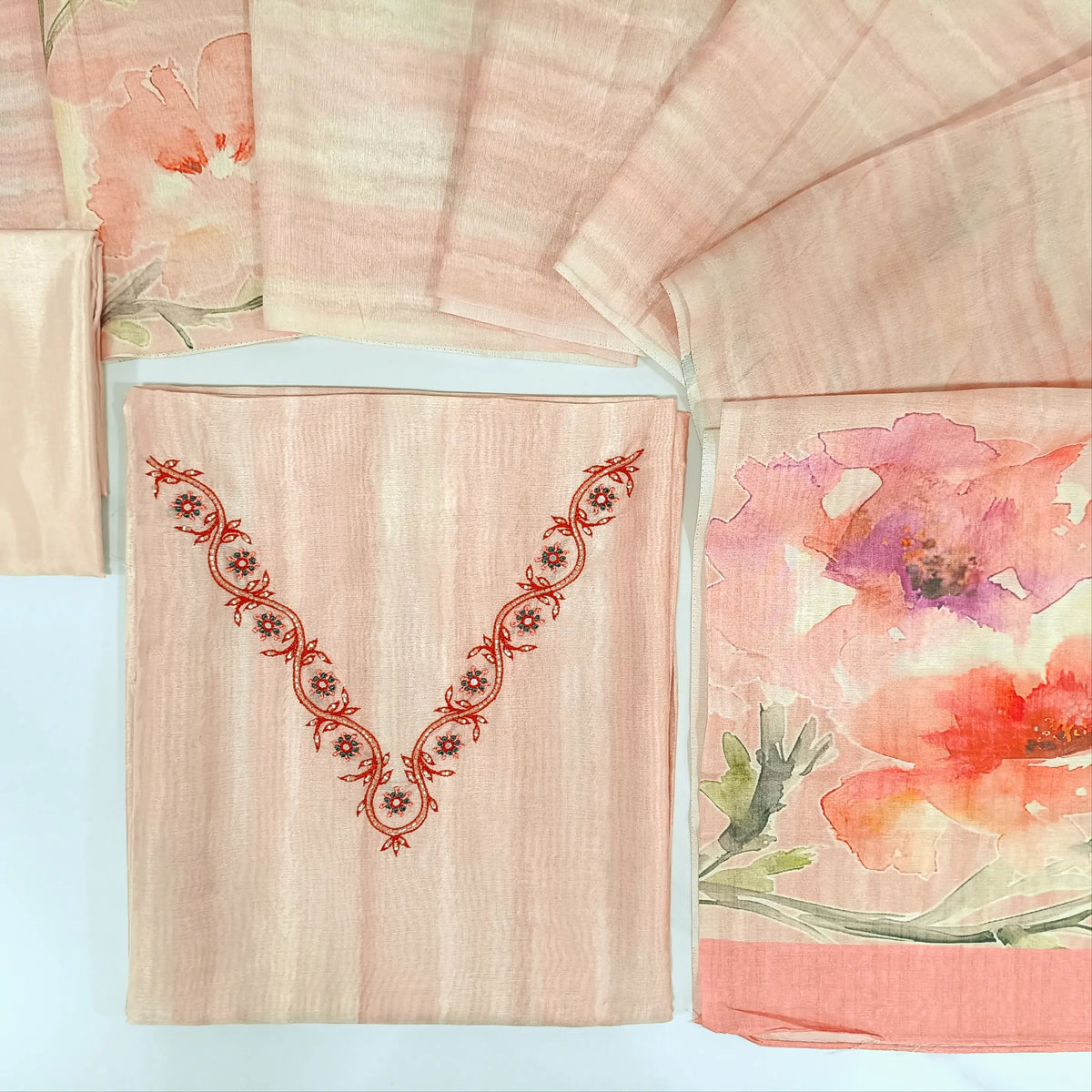Pastel peach fancy silk cotton unstitched salwar material, v neck with bead &thread work on yoke(lining needed)matching silky bottom, digital abstract printed silk cotton dupatta. CODE AG241315