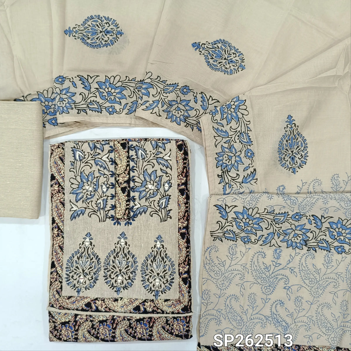 Black base printed pure cotton unstitched salwar material, jute cotton yoke patch with block printed and real mirror(BLUE)(lining optional)jute cotton bottom, black printed soft silk cotton dupatta. SP262513