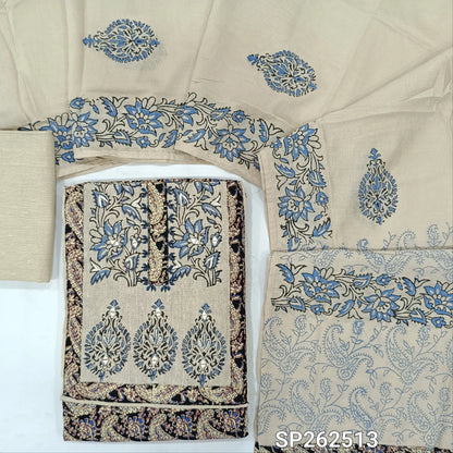 Black base printed pure cotton unstitched salwar material, jute cotton yoke patch with block printed and real mirror(BLUE)(lining optional)jute cotton bottom, black printed soft silk cotton dupatta. SP262513
