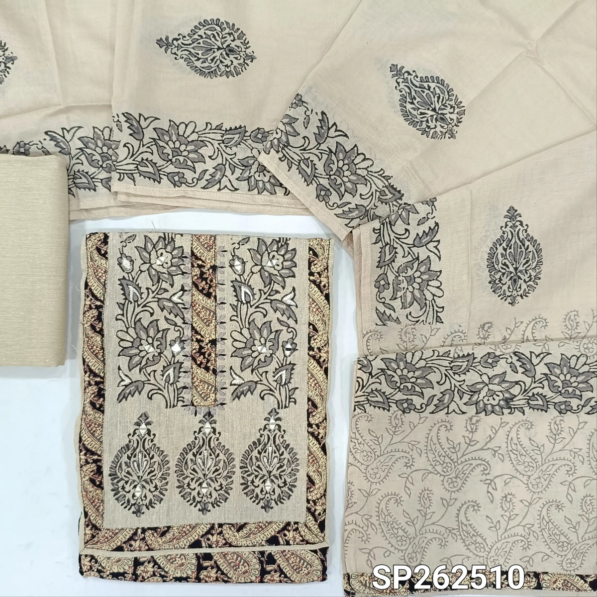 Black base printed pure cotton unstitched salwar material, jute cotton yoke patch with block printed and real mirror(Grey)(lining optional)jute cotton bottom, black printed soft silk cotton dupatta. SP262510