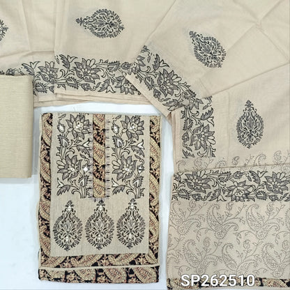 Black base printed pure cotton unstitched salwar material, jute cotton yoke patch with block printed and real mirror(Grey)(lining optional)jute cotton bottom, black printed soft silk cotton dupatta. SP262510