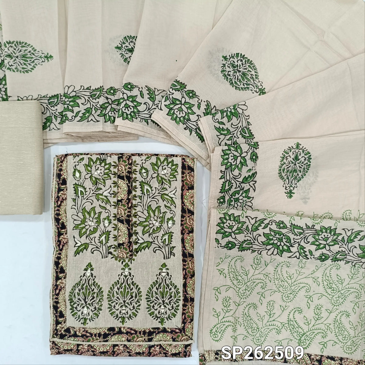 Black base printed pure cotton unstitched salwar material, jute cotton yoke patch with block printed and real mirror(Green)(lining optional)jute cotton bottom, black printed soft silk cotton dupatta. SP262509