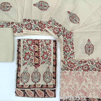 Black base printed pure cotton unstitched salwar material, jute cotton yoke patch with block printed and real mirror(MAROON)(lining optional)jute cotton bottom, black printed soft silk cotton dupatta. SP262512