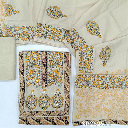 Black base printed pure cotton unstitched salwar material, jute cotton yoke patch with block printed and real mirror(YELLOW)(lining optional)jute cotton bottom, black printed soft silk cotton dupatta. SP262511