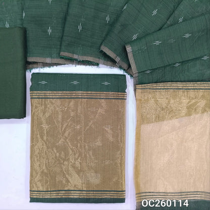 Dark green silk cotton unstitched salwar material,thread weaving all over, tissue daman,(Thin, Lining Needed)silky bottom,thread woven on silk cotton dupatta with tissue pallu. OC260114