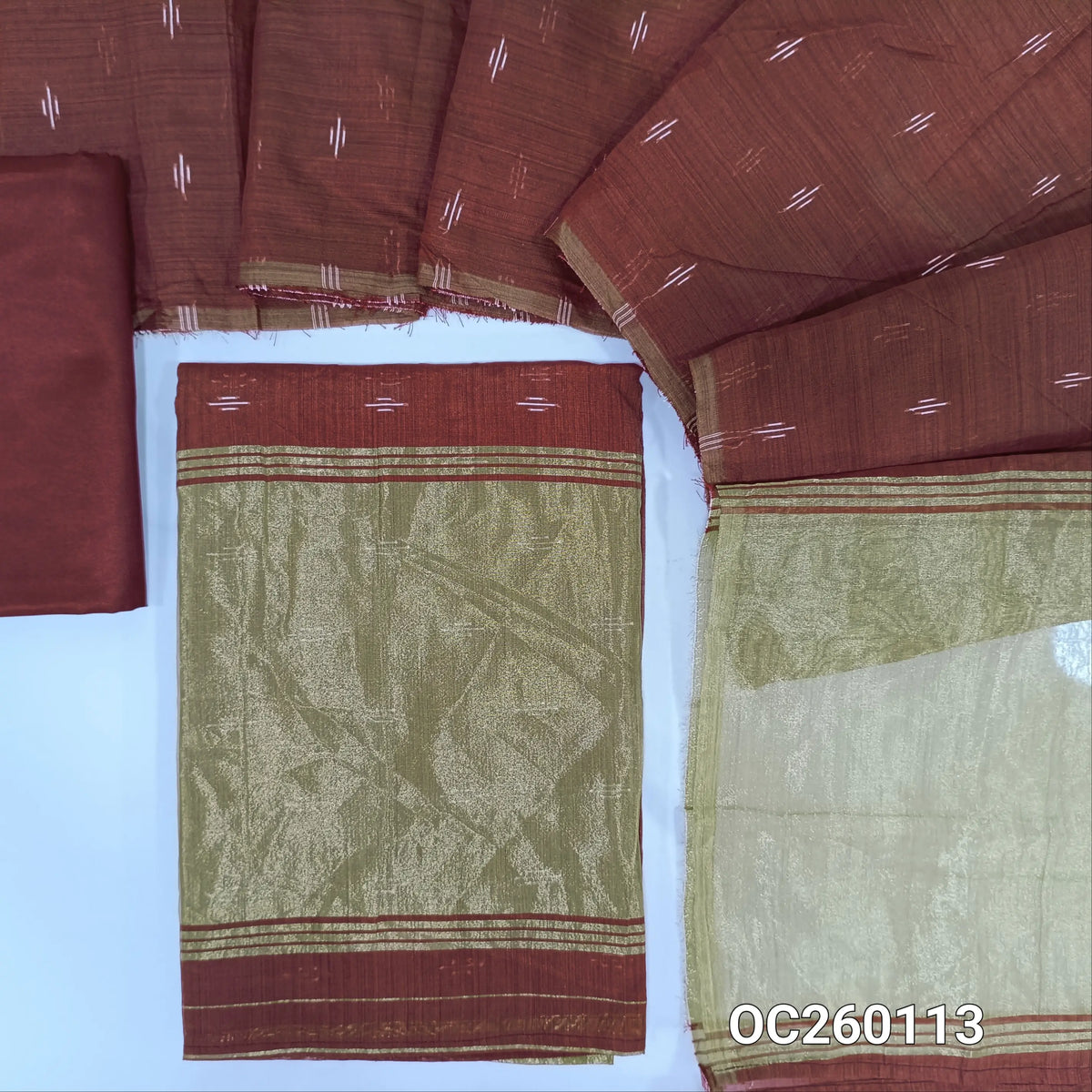 Dark maroon silk cotton unstitched salwar material,thread weaving all over, tissue daman,(Thin, Lining Needed)silky bottom,thread woven on silk cotton dupatta with tissue pallu. OC260113