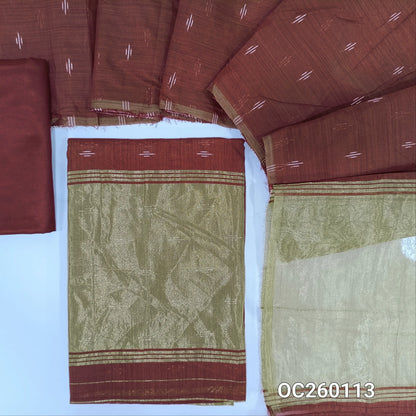 Dark maroon silk cotton unstitched salwar material,thread weaving all over, tissue daman,(Thin, Lining Needed)silky bottom,thread woven on silk cotton dupatta with tissue pallu. OC260113