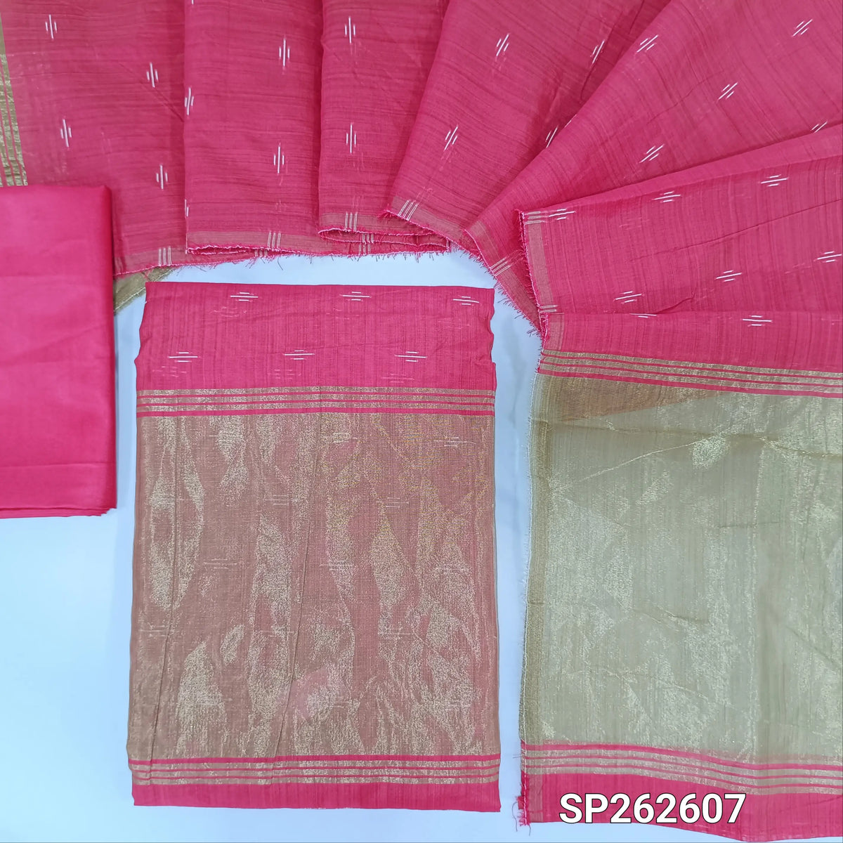 Pink silk cotton unstitched salwar material,thread weaving all over, tissue daman,(Thin, Lining Needed)silky bottom,thread woven on silk cotton dupatta with tissue pallu. SP262604