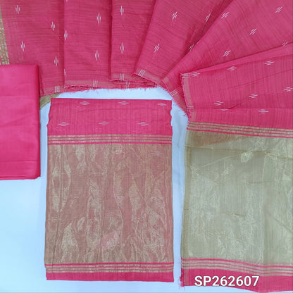 Pink silk cotton unstitched salwar material,thread weaving all over, tissue daman,(Thin, Lining Needed)silky bottom,thread woven on silk cotton dupatta with tissue pallu. SP262604