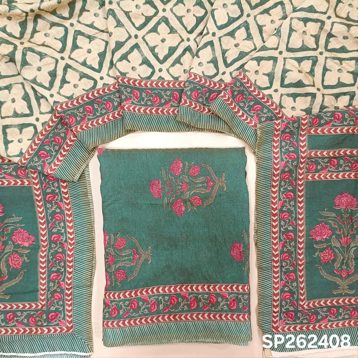 Teal green digital printed mogra chanderi unstitched salwar material (Crinkled, Lining Needed) No Bottom, digital printed mogra chanderi dupatta. SP262408