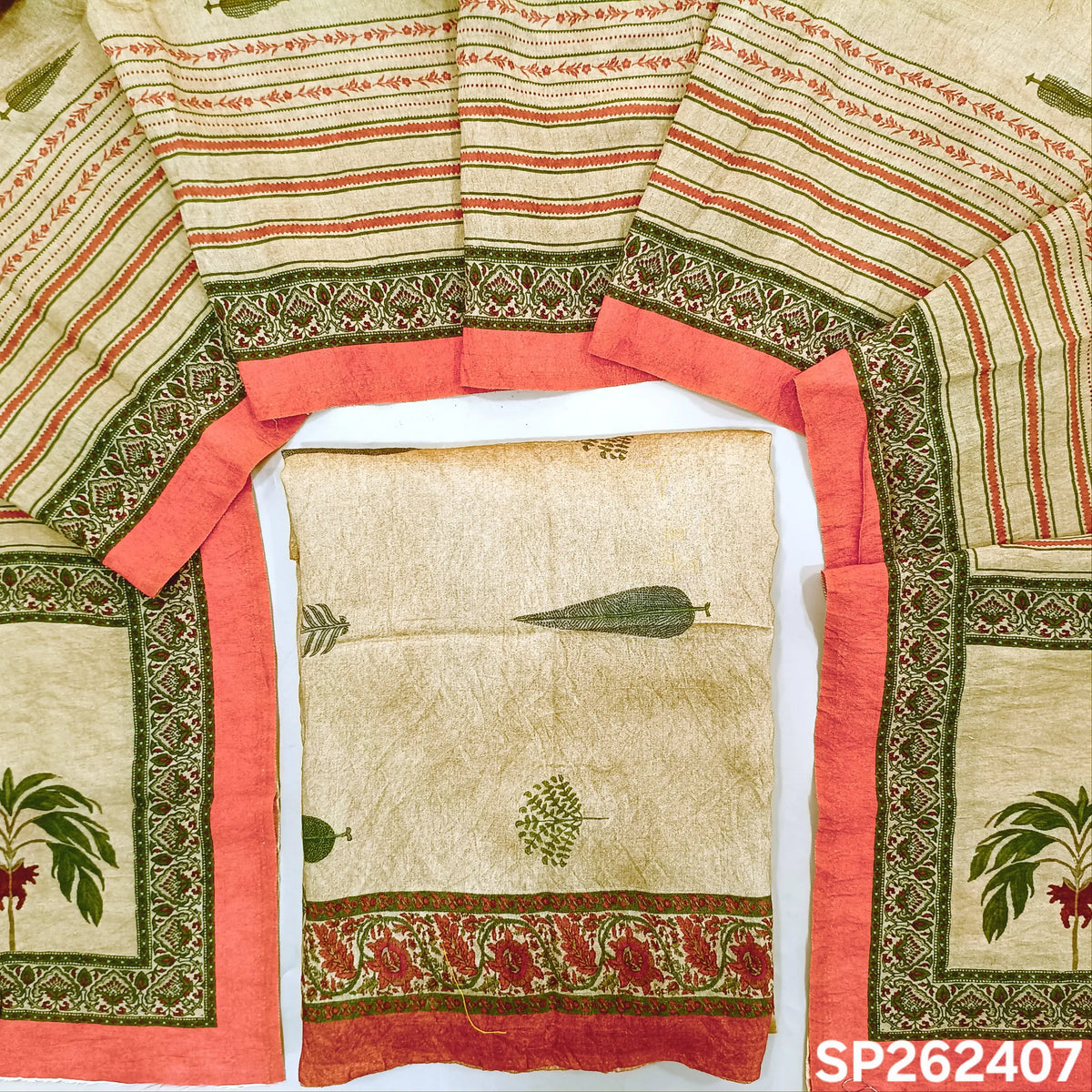 Rich beige digital printed mogra chanderi unstitched salwar material (Crinkled, Lining Needed) No Bottom, digital printed mogra chanderi dupatta. SP262407