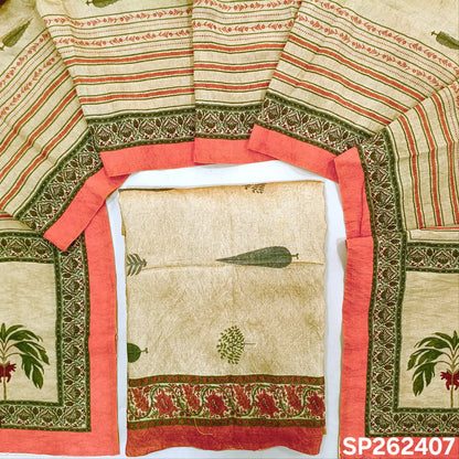 Rich beige digital printed mogra chanderi unstitched salwar material (Crinkled, Lining Needed) No Bottom, digital printed mogra chanderi dupatta. SP262407
