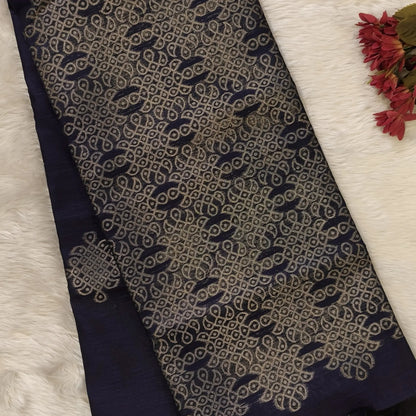 Dark blue semi tussar saree, with rich traditional zari weaving all over (thin, Textured) rich pallu, running blouse with zari woven buttas and borders. NS312