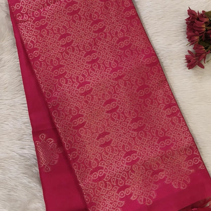 Bright pink semi tussar saree, with rich traditional zari weaving all over (thin, Textured) rich pallu, running blouse with zari woven buttas and borders. NS313