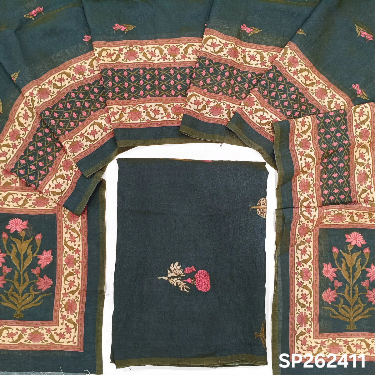 Dark grey digital printed mogra chanderi unstitched salwar material (Crinkled, Lining Needed) No Bottom, digital printed mogra chanderi dupatta. SP262411