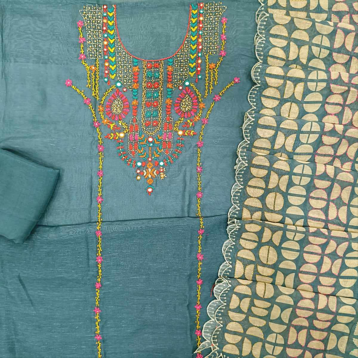 Blueish grey premium linen unstitched salwar material,hand embroidery work on yoke,panel design(Textured, Lining Needed)santoon bottom, digital printed embroidery on linen dupatta with scallop borders. OC260208