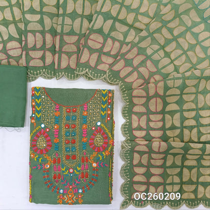Sage green premium linen unstitched salwar material,hand embroidery work on yoke,panel design(Textured, Lining Needed)santoon bottom, digital printed embroidery on linen dupatta with scallop borders. OC260209