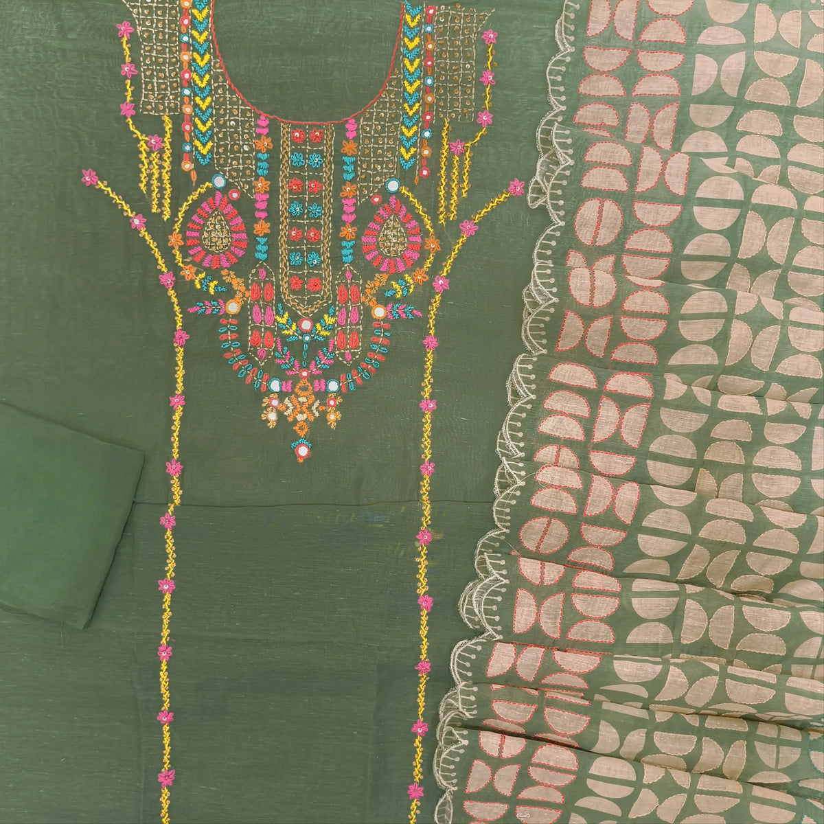 Sage green premium linen unstitched salwar material,hand embroidery work on yoke,panel design(Textured, Lining Needed)santoon bottom, digital printed embroidery on linen dupatta with scallop borders. OC260209