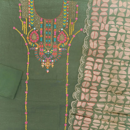 Sage green premium linen unstitched salwar material,hand embroidery work on yoke,panel design(Textured, Lining Needed)santoon bottom, digital printed embroidery on linen dupatta with scallop borders. OC260209