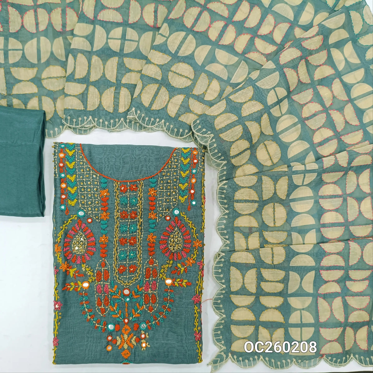Blueish grey premium linen unstitched salwar material,hand embroidery work on yoke,panel design(Textured, Lining Needed)santoon bottom, digital printed embroidery on linen dupatta with scallop borders. OC260208