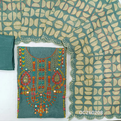 Blueish grey premium linen unstitched salwar material,hand embroidery work on yoke,panel design(Textured, Lining Needed)santoon bottom, digital printed embroidery on linen dupatta with scallop borders. OC260208