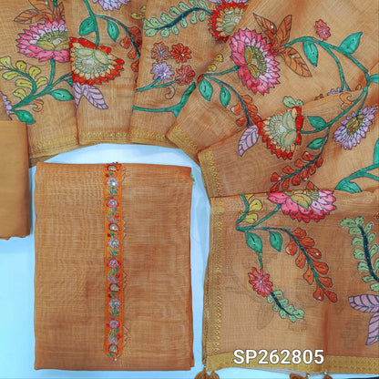 Dark peach with golden tint pure tissue linen unstitched salwar material,floral design with french knot & sequins work on yoke ( light weight,lining needed)santoon bottom,applique work on pure tissue linen dupatta with zari woven borders. SP262805