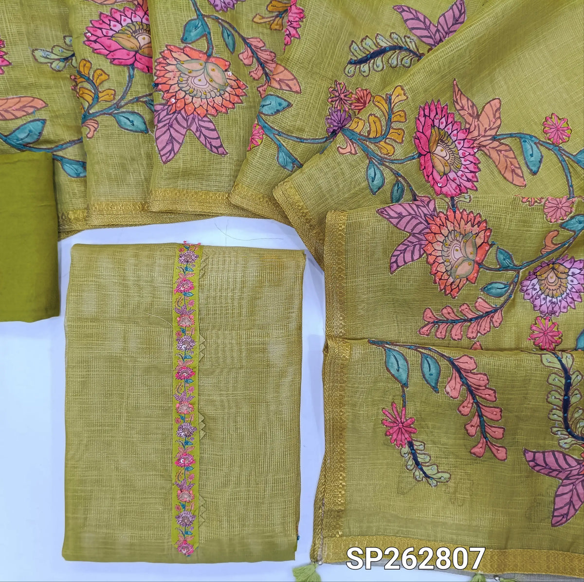Pastel green with golden tint pure tissue linen unstitched salwar material,floral design with french knot & sequins work on yoke ( light weight,lining needed)santoon bottom,applique work on pure tissue linen dupatta with zari woven borders. SP262807