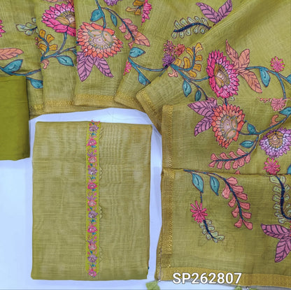 Pastel green with golden tint pure tissue linen unstitched salwar material,floral design with french knot & sequins work on yoke ( light weight,lining needed)santoon bottom,applique work on pure tissue linen dupatta with zari woven borders. SP262807