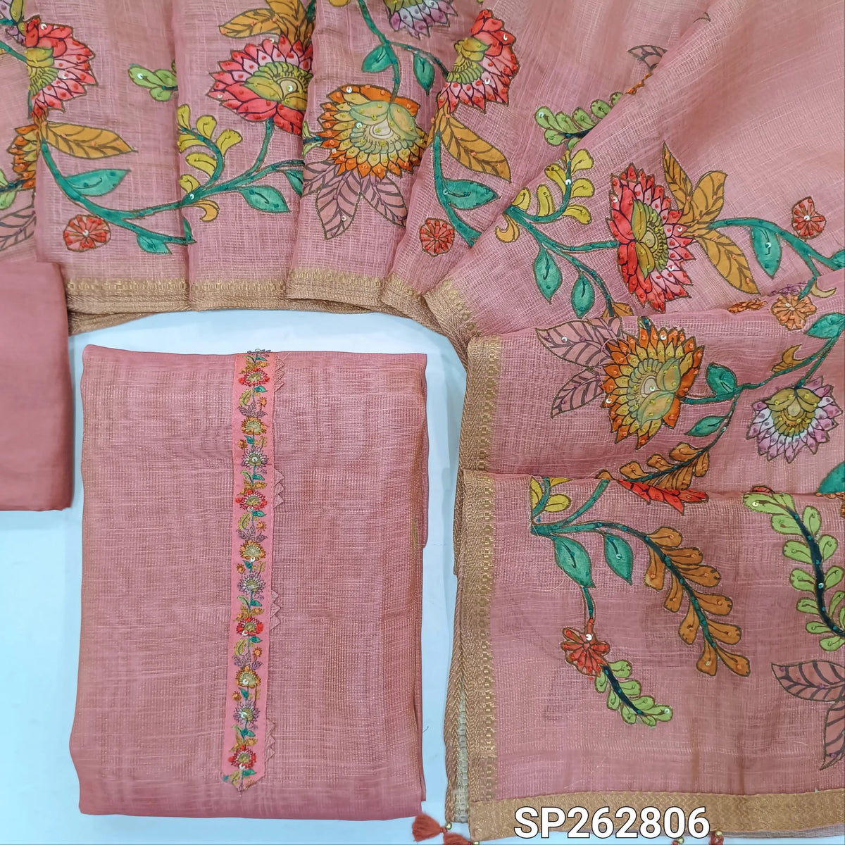 Pastel pink with golden tint pure tissue linen unstitched salwar material,floral design with french knot & sequins work on yoke ( light weight,lining needed)santoon bottom,applique work on pure tissue linen dupatta with zari woven borders. SP262806