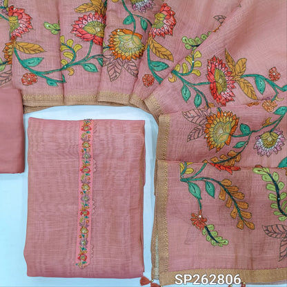 Pastel pink with golden tint pure tissue linen unstitched salwar material,floral design with french knot & sequins work on yoke ( light weight,lining needed)santoon bottom,applique work on pure tissue linen dupatta with zari woven borders. SP262806