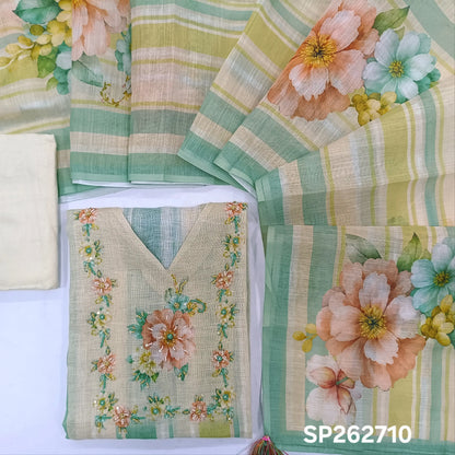 Off white & green shade premium linen salwar material,V neck, floral design with sugar bead & sequins work on yoke,striped pattern all over, (textured, lining needed)spun cotton bottom,vertical striped & floral printed line dupatta. sp262710
