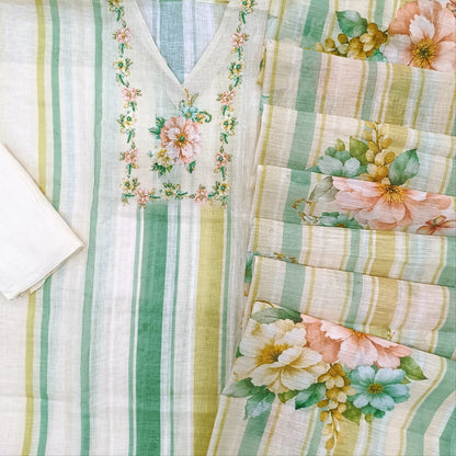 Off white & green shade premium linen salwar material,V neck, floral design with sugar bead & sequins work on yoke,striped pattern all over, (textured, lining needed)spun cotton bottom,vertical striped & floral printed line dupatta. sp262710