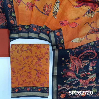 Rust Orange chanderi silk cotton unstitched salwar material(lining needed) printed allover, reddish maroon spun cotton bottom, digital print silk cotton full length dupatta. SP262720