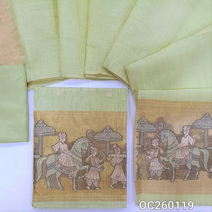 Pastel green silk cotton unstitched salwar material,buttas on front,tissue borders with weaving on daman(Lining Needed)silky bottom,silk cotton dupatta with gold tissue pallu with rich weaving. OC260119