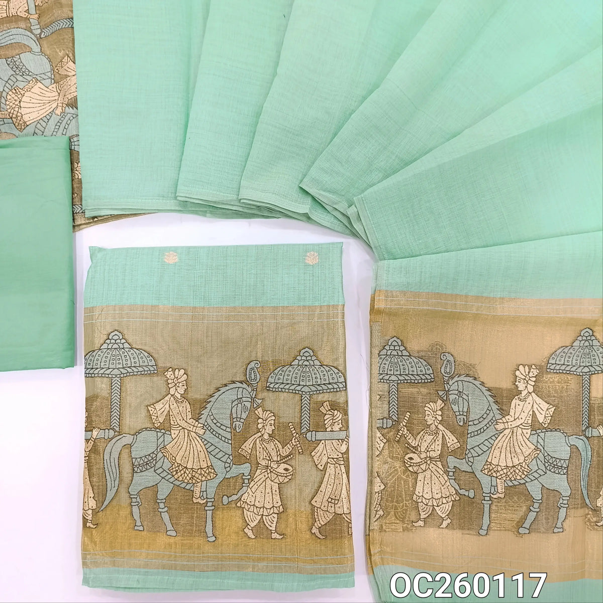 Sea greeen silk cotton unstitched salwar material,buttas on front,tissue borders with weaving on daman(Lining Needed)silky bottom,silk cotton dupatta with gold tissue pallu with rich weaving. OC260117