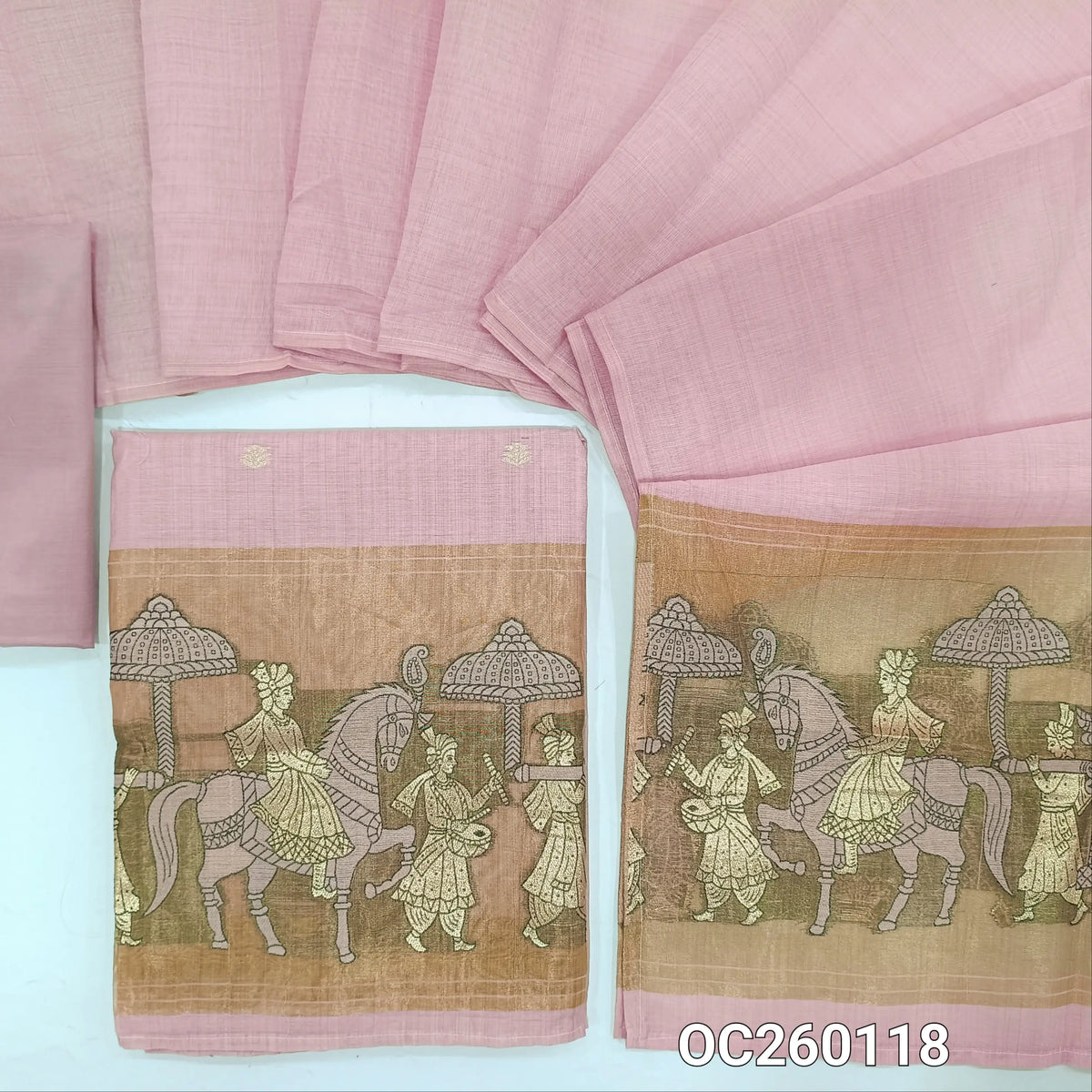 Pastel pink silk cotton unstitched salwar material,buttas on front,tissue borders with weaving on daman(Lining Needed)silky bottom,silk cotton dupatta with gold tissue pallu with rich weaving. OC260118