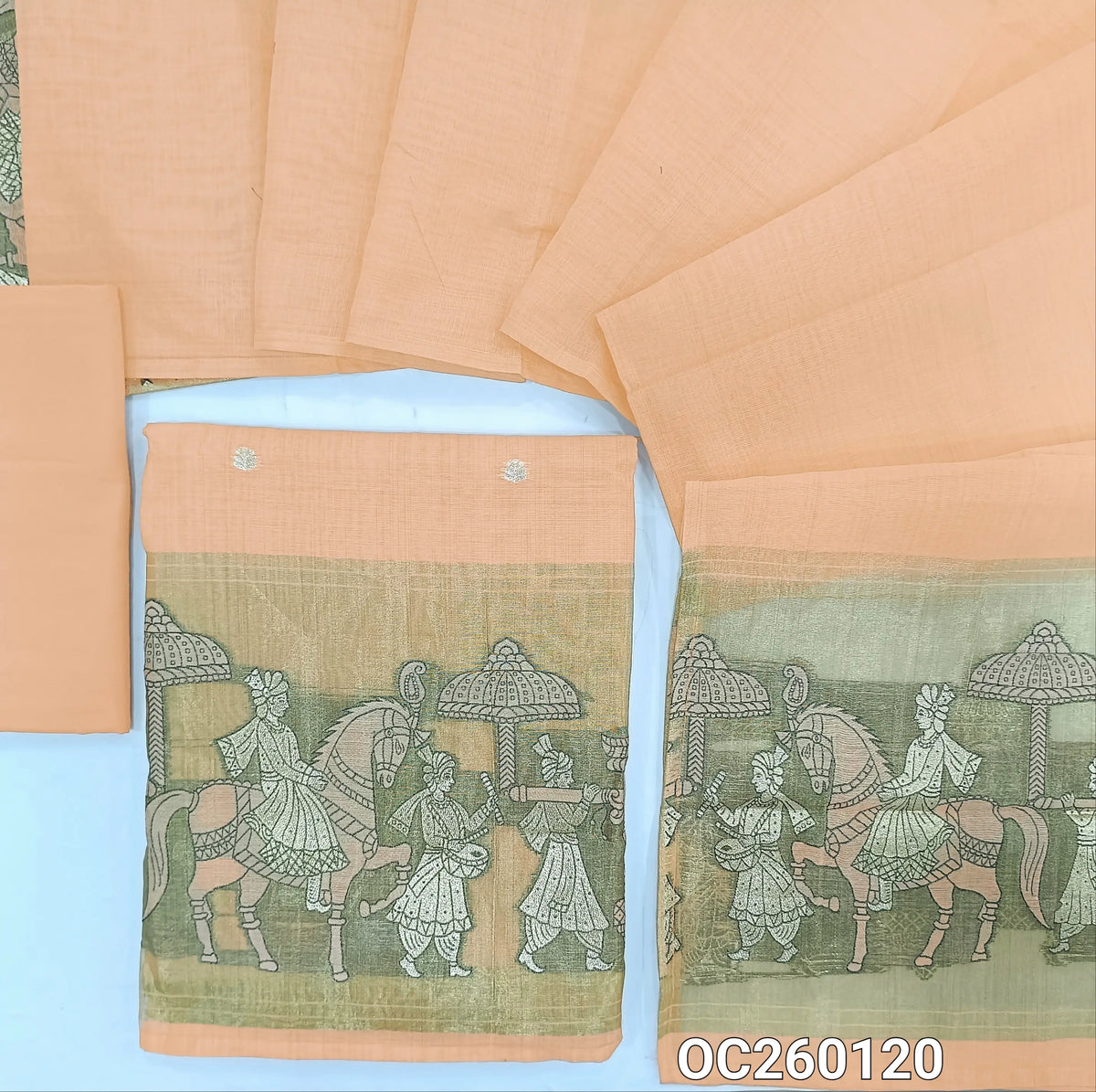 Light peachish pink silk cotton unstitched salwar material,buttas on front,tissue borders with weaving on daman(Lining Needed)silky bottom,silk cotton dupatta with gold tissue pallu with rich weaving. OC260120