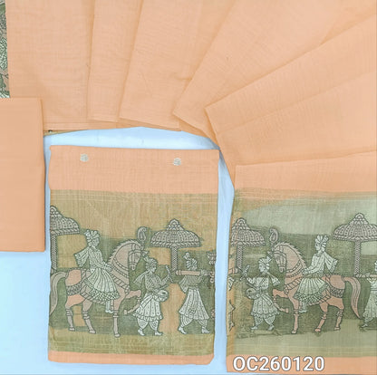 Light peachish pink silk cotton unstitched salwar material,buttas on front,tissue borders with weaving on daman(Lining Needed)silky bottom,silk cotton dupatta with gold tissue pallu with rich weaving. OC260120