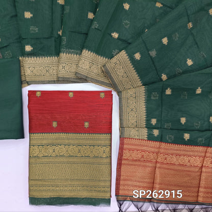 Dark maroon premium silk cotton unstitched salwar material,buttas all over benarasi zari weaving daman, (lining needed)bottle green  silky bottom,buttas on dual shaded silk cotton dupatta with rich pallu and borders. SP262915