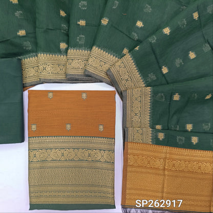 Honey brown premium silk cotton unstitched salwar material,buttas all over benarasi zari weaving daman, (lining needed)bottle green  silky bottom,buttas on dual shaded silk cotton dupatta with rich pallu and borders. SP262917
