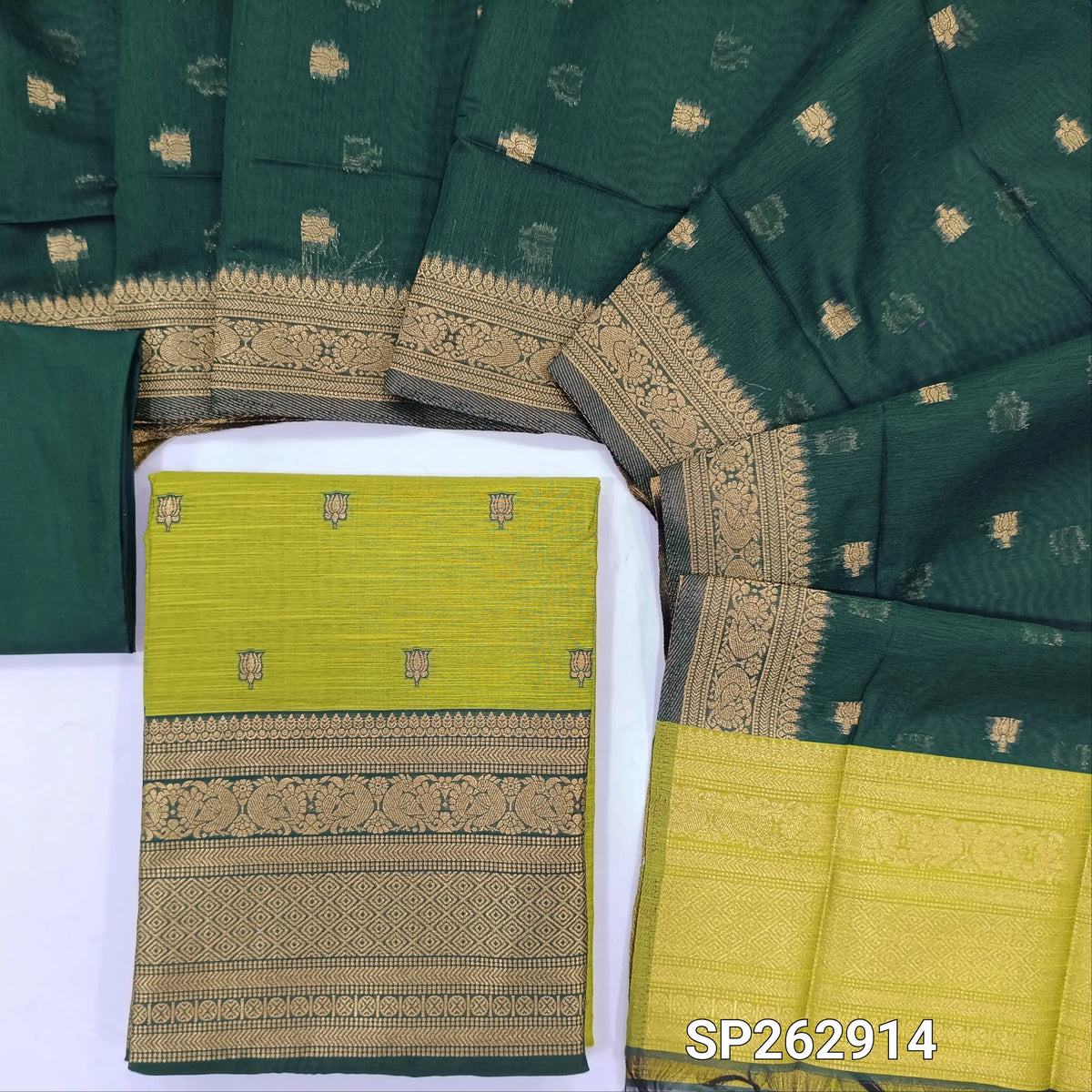 Light green premium silk cotton unstitched salwar material,buttas all over benarasi zari weaving daman, (lining needed)bottle green  silky bottom,buttas on dual shaded silk cotton dupatta with rich pallu and borders. SP262914