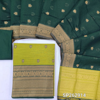 Light green premium silk cotton unstitched salwar material,buttas all over benarasi zari weaving daman, (lining needed)bottle green  silky bottom,buttas on dual shaded silk cotton dupatta with rich pallu and borders. SP262914