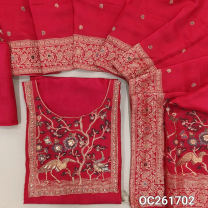 Dark pink pure uppada silk unstitched salwar material, round neck, zarodzi, zari woven and sequins on yoke,rich daman border,(lining needed)santoon bottom,pure uppada silk with rich Meenakari weaving dupatta with pallu.(DRY CLEAN ONLY) OC261702