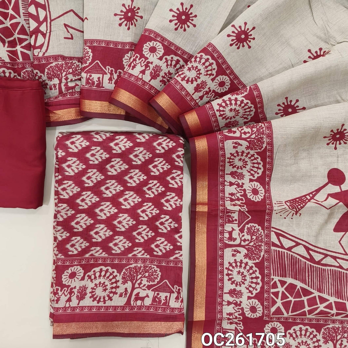 Dark pink silk cotton unstitched salwar material,digital printed all over,(lining needed)spun cotton bottom, warli full length silk cotton dupatta with tissue borders. OC261705