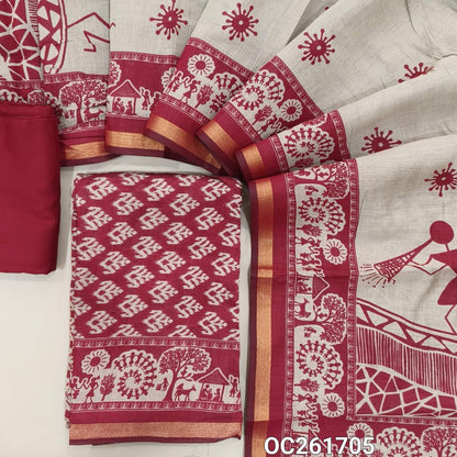 Dark pink silk cotton unstitched salwar material,digital printed all over,(lining needed)spun cotton bottom, warli full length silk cotton dupatta with tissue borders. OC261705
